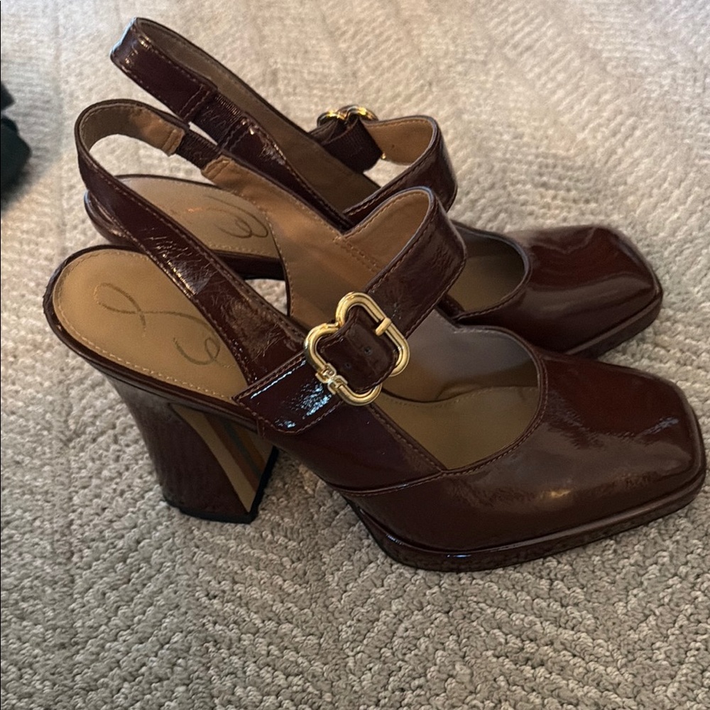 Women's Brown Patent Slingback Heels with Buckle - Picture 3 of 6